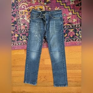 Sonoma Men's Size 32x32 Mid Rise Medium Wash Blue Jeans w/ White Paint Splatter